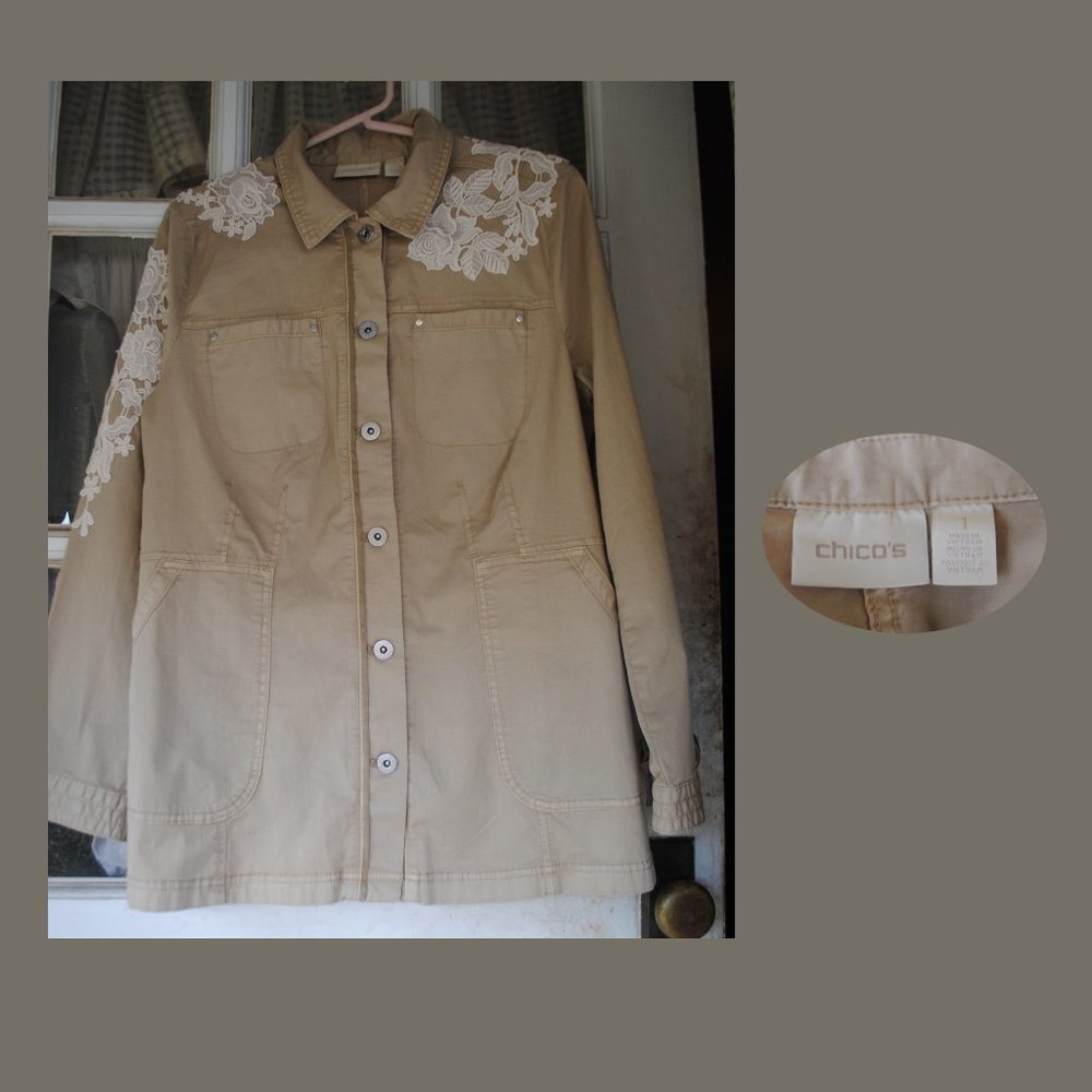CHICO'S Khaki Jacket Crochet Lace Applique' Size 1